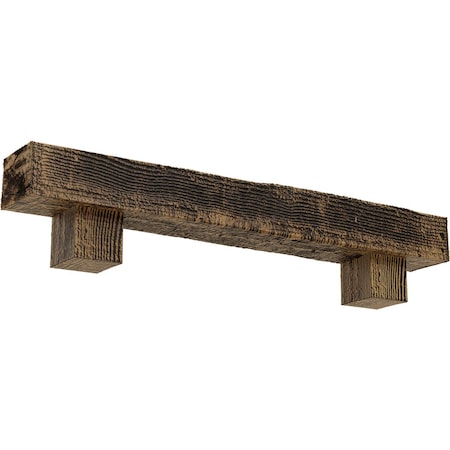 Ekena Millwork Kit w/ Alamo Corbels, NaturaL Golden Oak, 4"H x 8"D x 36"W Rough Sawn Faux Wood Fireplace ManteL MANURS04X08X36AONG